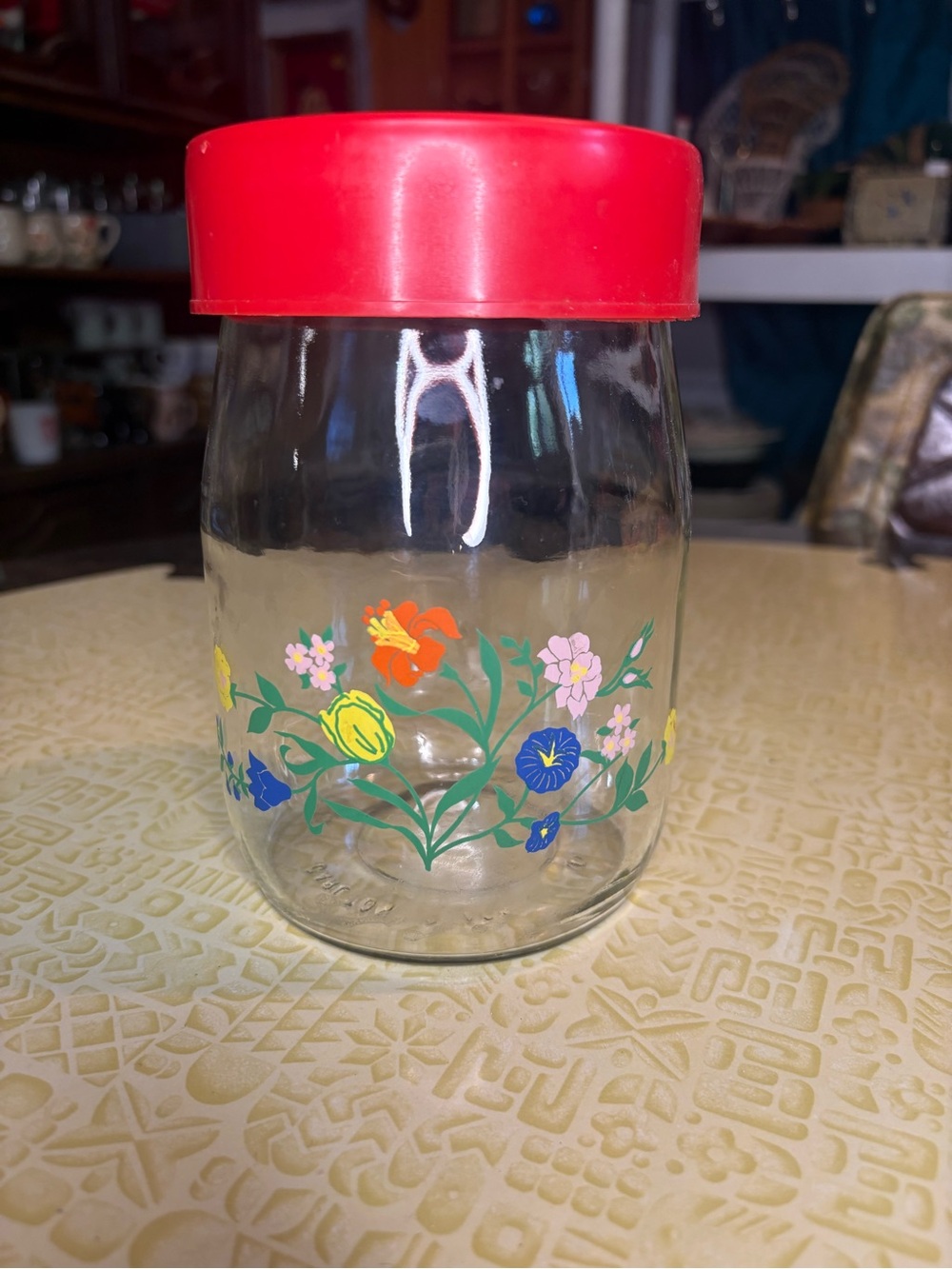 Red-Lid Floral Glass Storage Jar - Home Kitchen Food Storage